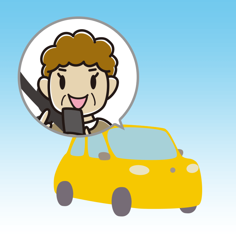車でスマホを使うおばさんのイラスト【色、背景あり】PNG