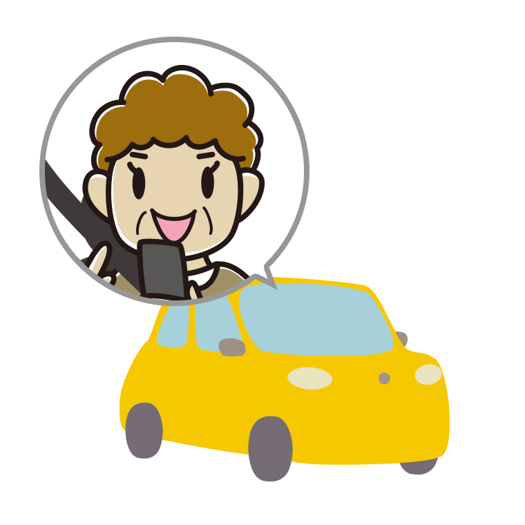 車でスマホを使うおばさんのイラスト【色あり、背景なし】透過PNG