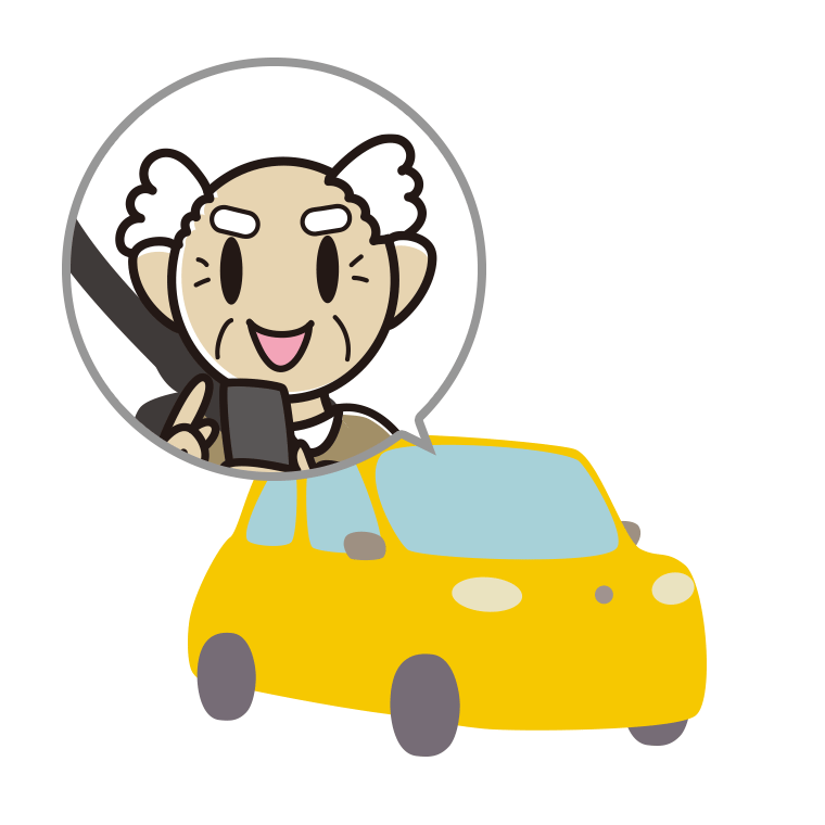 車でスマホを使うおじいさんのイラスト【色あり、背景なし】透過PNG