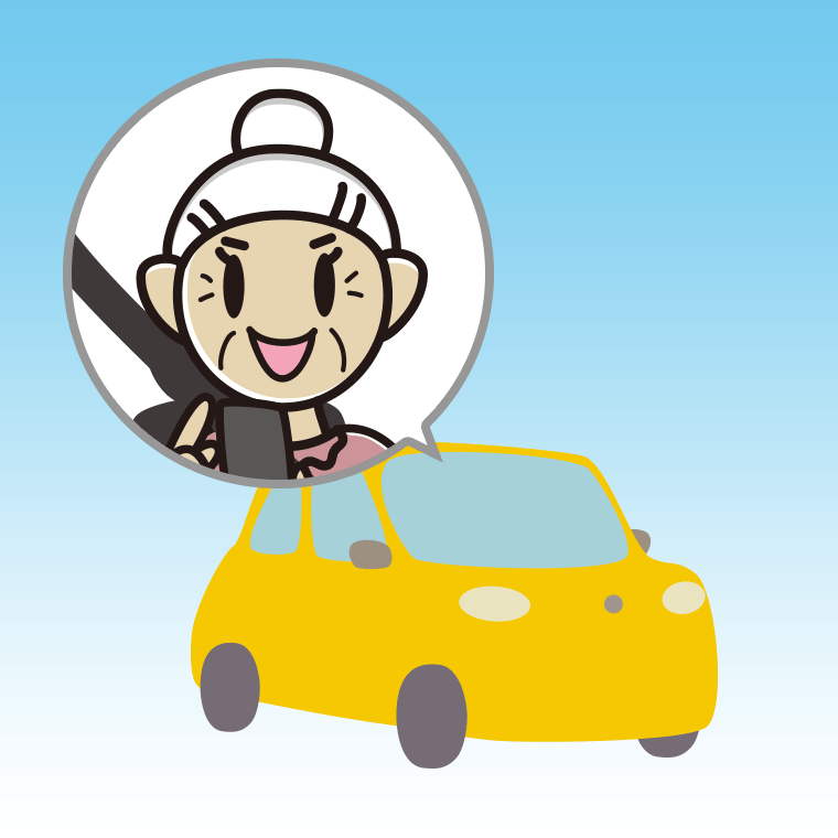 車でスマホを使うおばあさんのイラスト【色、背景あり】PNG