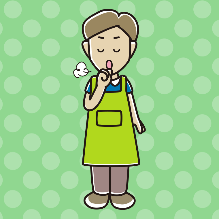 咳払いするエプロン姿の男性のイラスト【色、背景あり】PNG