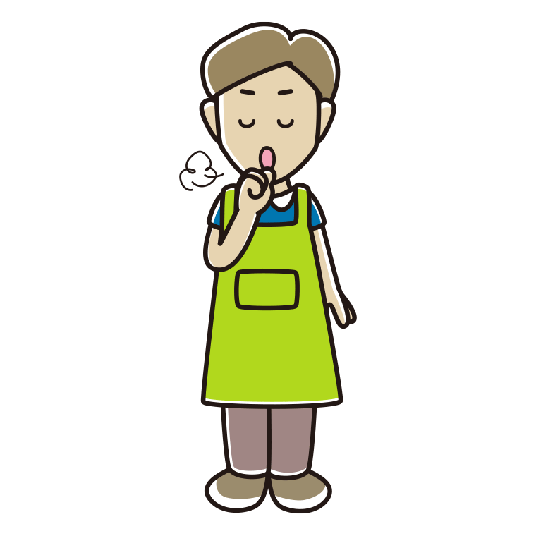 咳払いするエプロン姿の男性のイラスト【色あり、背景なし】透過PNG