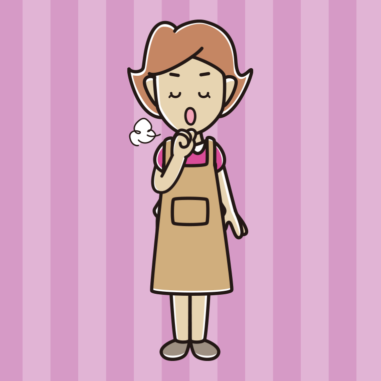 咳払いするエプロン姿の女性のイラスト【色、背景あり】PNG