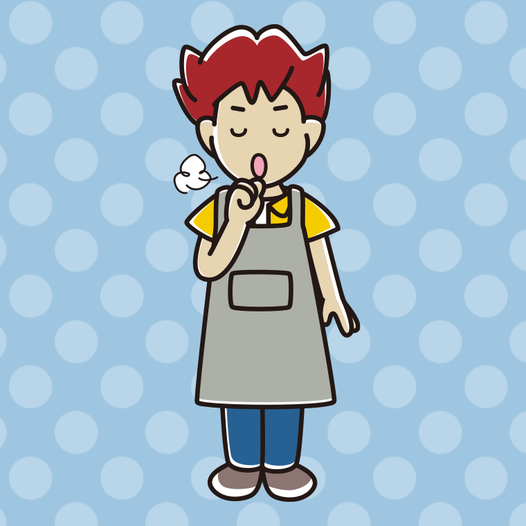咳払いするエプロン姿の男子大学生のイラスト【色、背景あり】PNG