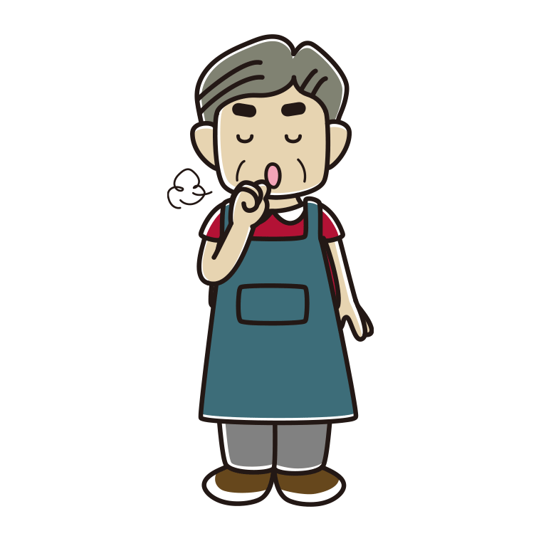 咳払いするエプロン姿のおじさんのイラスト【色あり、背景なし】透過PNG