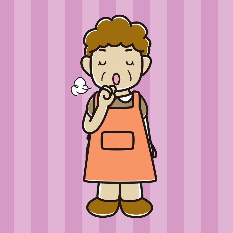咳払いするエプロン姿のおばさんのイラスト【色、背景あり】PNG