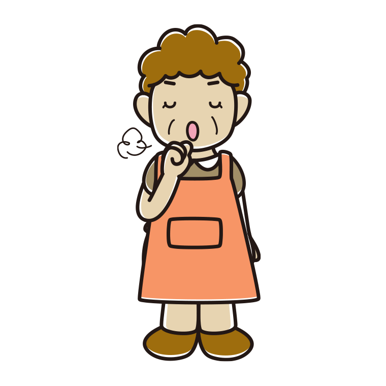 咳払いするエプロン姿のおばさんのイラスト【色あり、背景なし】透過PNG