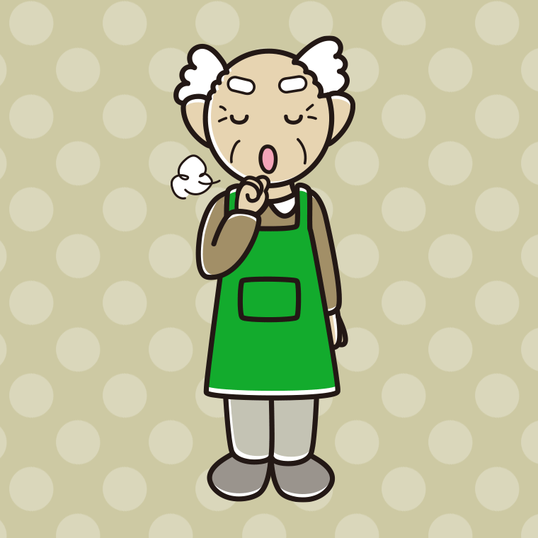 咳払いするエプロン姿のおじいさんのイラスト【色、背景あり】PNG