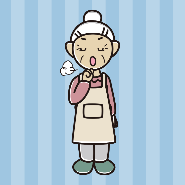 咳払いするエプロン姿のおばあさんのイラスト【色、背景あり】PNG