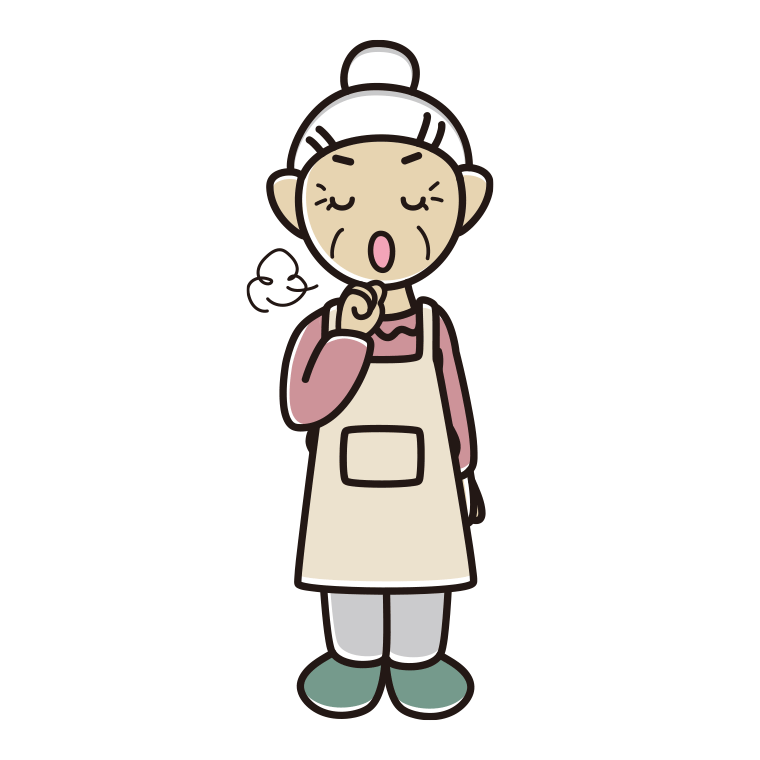 咳払いするエプロン姿のおばあさんのイラスト【色あり、背景なし】透過PNG