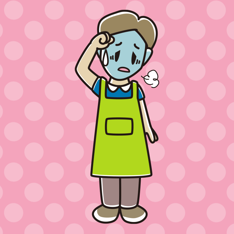 具合が悪いエプロン姿の男性のイラスト【色、背景あり】PNG