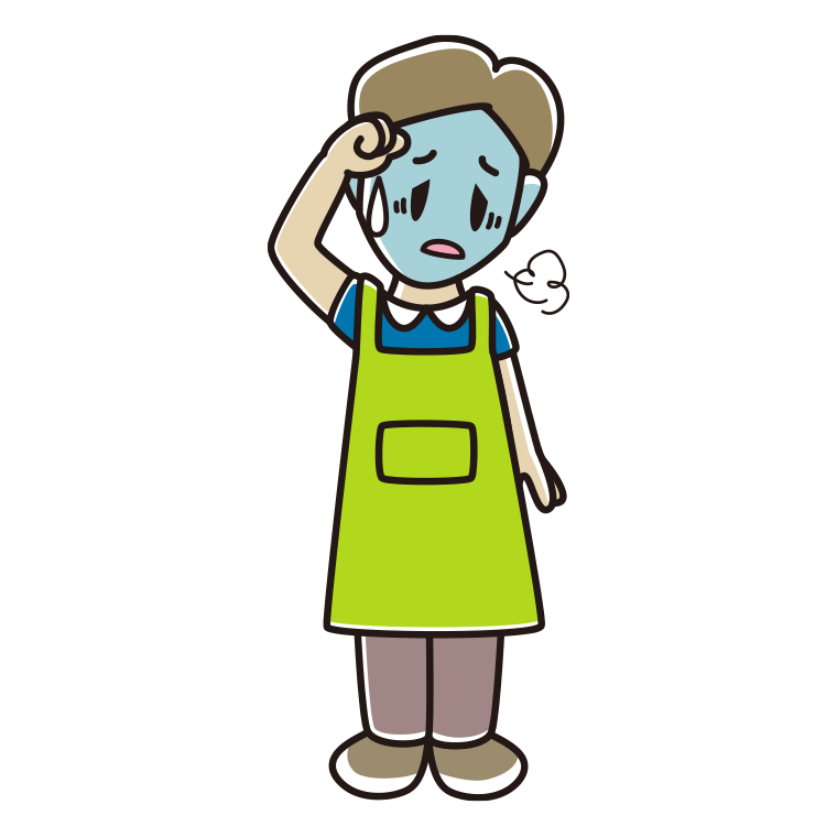 具合が悪いエプロン姿の男性のイラスト【色あり、背景なし】透過PNG