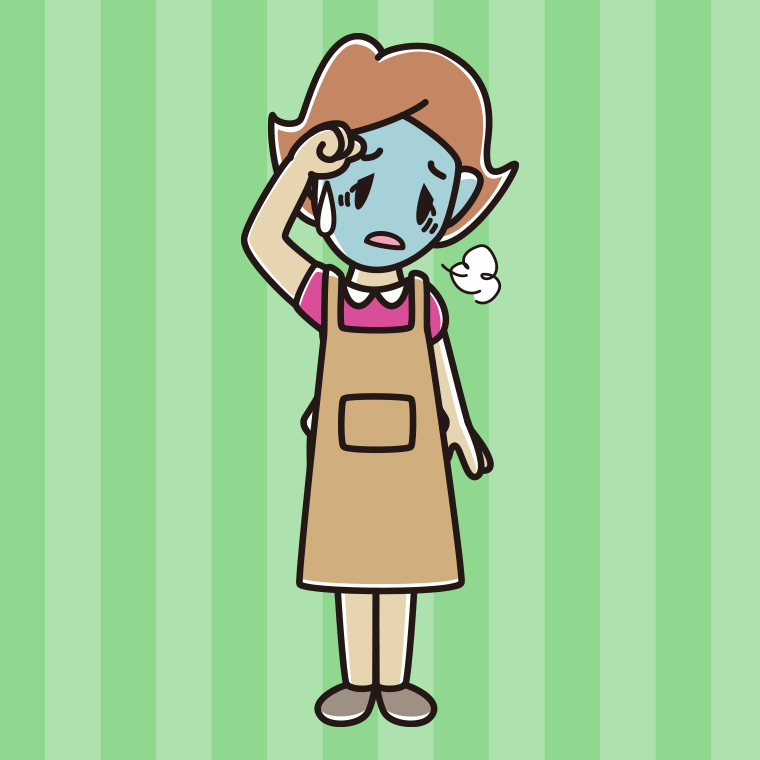具合が悪いエプロン姿の女性のイラスト【色、背景あり】PNG