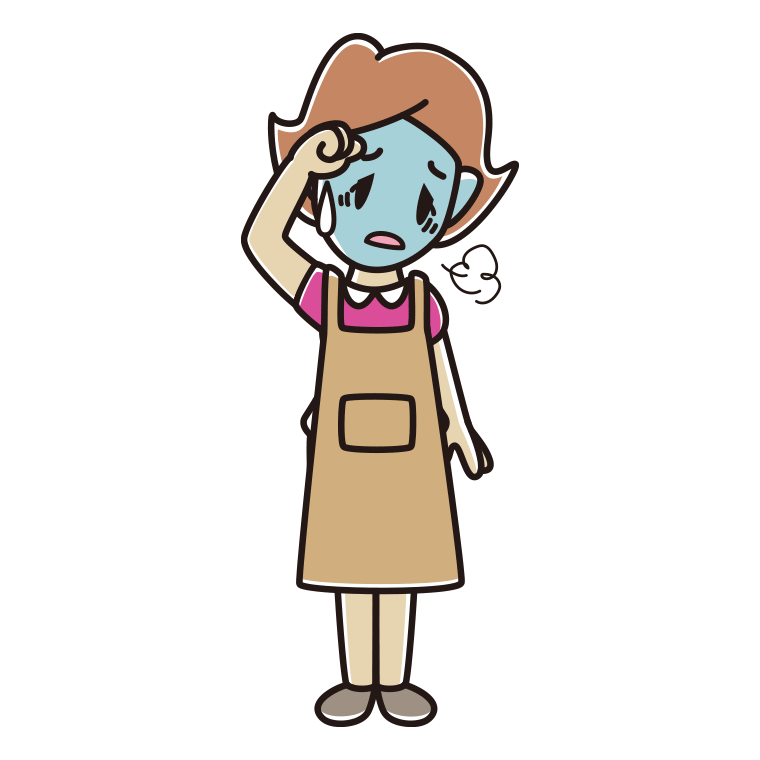 具合が悪いエプロン姿の女性のイラスト【色あり、背景なし】透過PNG