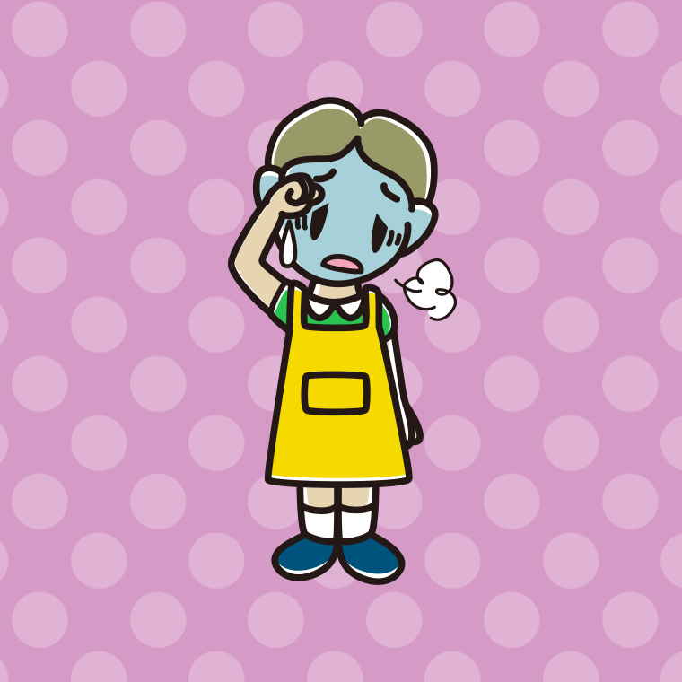 具合が悪いエプロン姿の小学生男子のイラスト【色、背景あり】PNG