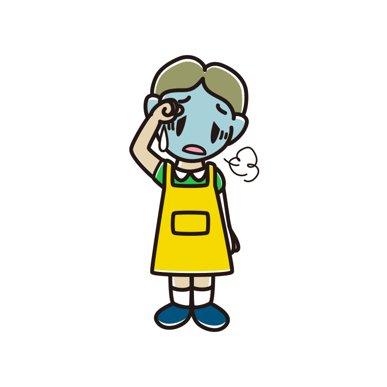具合が悪いエプロン姿の小学生男子のイラスト【色あり、背景なし】透過PNG
