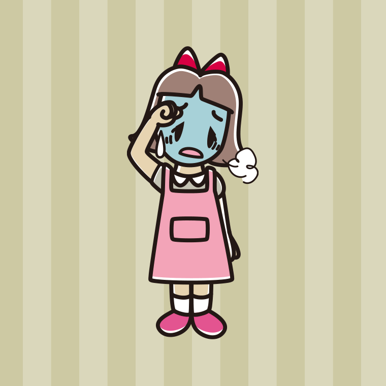 具合が悪いエプロン姿の小学生女子のイラスト【色、背景あり】PNG