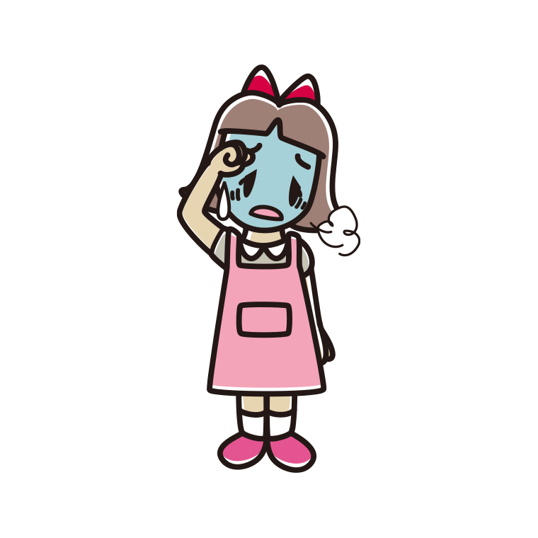 具合が悪いエプロン姿の小学生女子のイラスト【色あり、背景なし】透過PNG