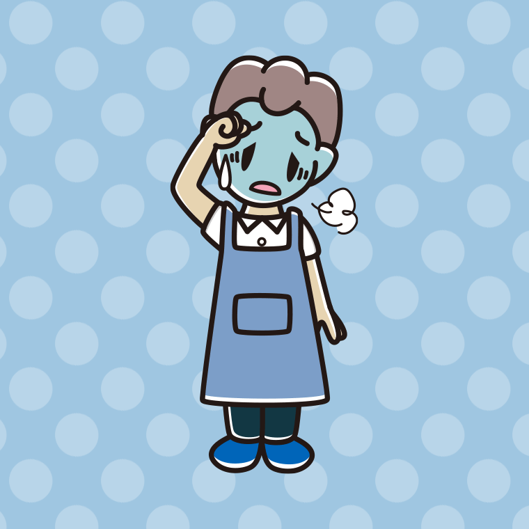 具合が悪いエプロン姿の男子中学生のイラスト【色、背景あり】PNG