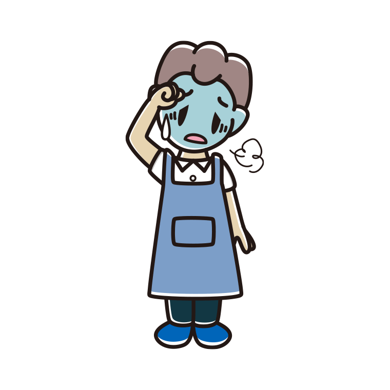 具合が悪いエプロン姿の男子中学生のイラスト【色あり、背景なし】透過PNG
