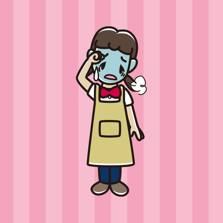 具合が悪いエプロン姿の女子中学生のイラスト【色、背景あり】PNG