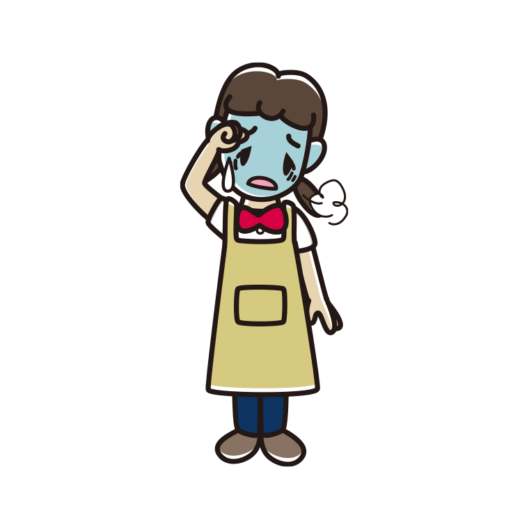 具合が悪いエプロン姿の女子中学生のイラスト【色あり、背景なし】透過PNG