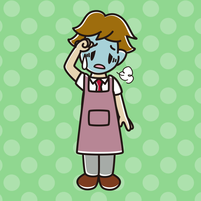 具合が悪いエプロン姿の男子高校生のイラスト【色、背景あり】PNG