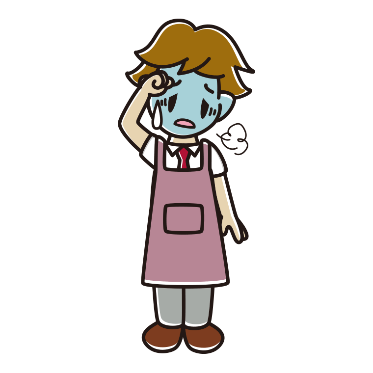 具合が悪いエプロン姿の男子高校生のイラスト【色あり、背景なし】透過PNG