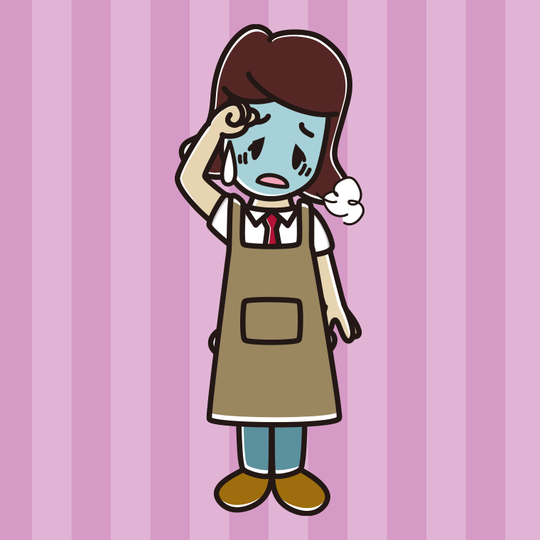 具合が悪いエプロン姿の女子高校生のイラスト【色、背景あり】PNG