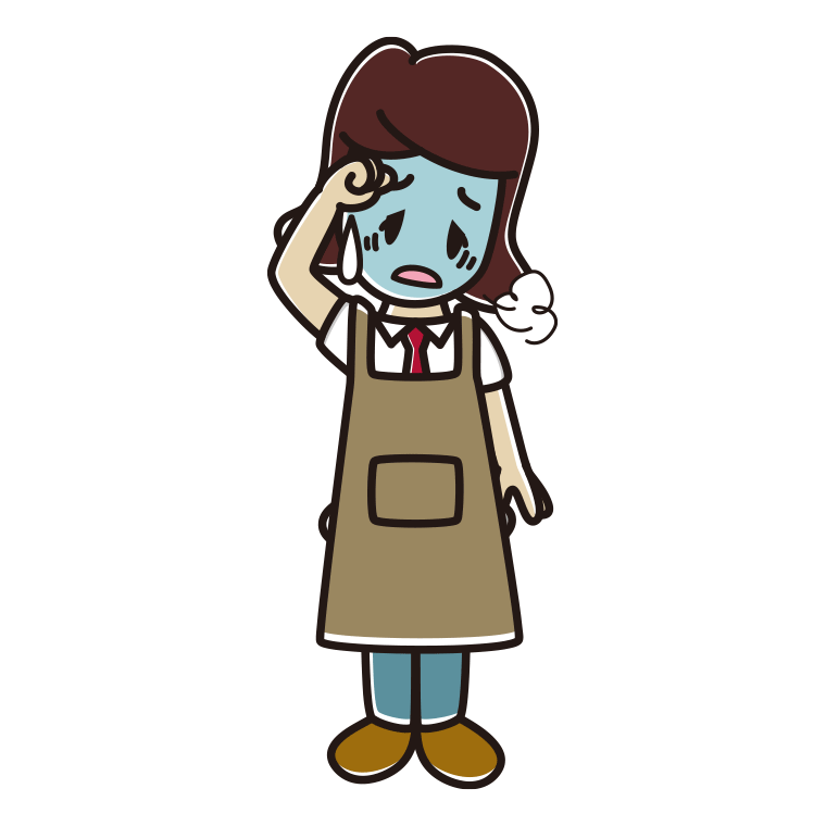 具合が悪いエプロン姿の女子高校生のイラスト【色あり、背景なし】透過PNG