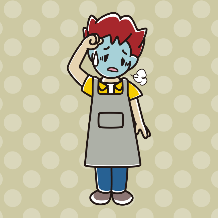 具合が悪いエプロン姿の男子大学生のイラスト【色、背景あり】PNG