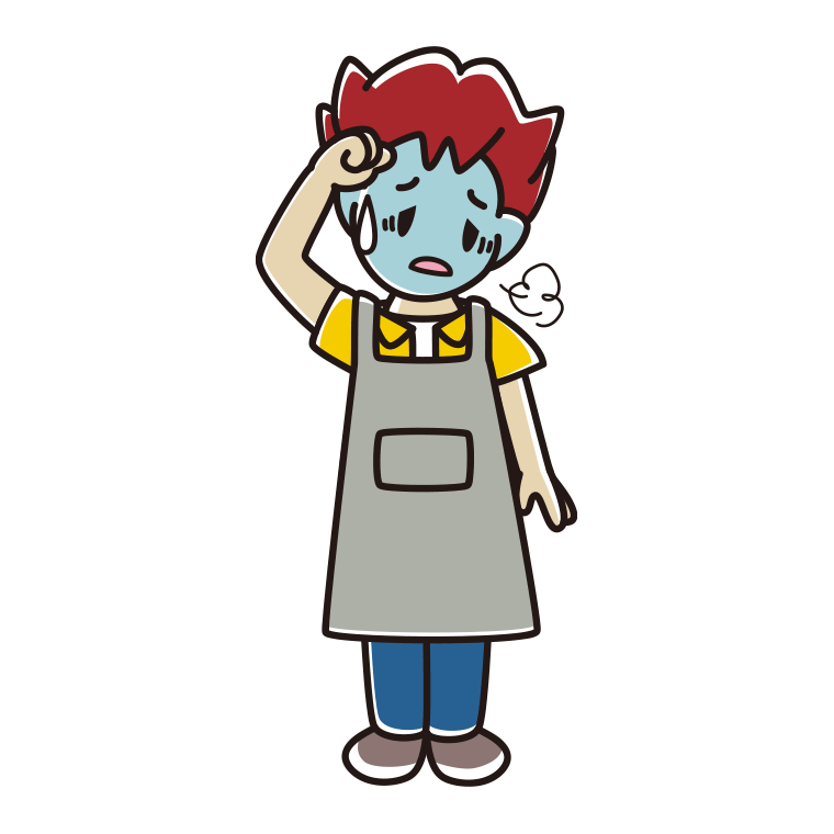 具合が悪いエプロン姿の男子大学生のイラスト【色あり、背景なし】透過PNG