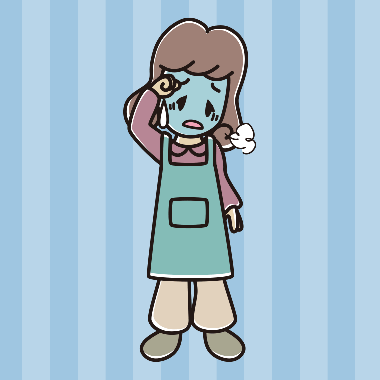 具合が悪いエプロン姿の女子大学生のイラスト【色、背景あり】PNG