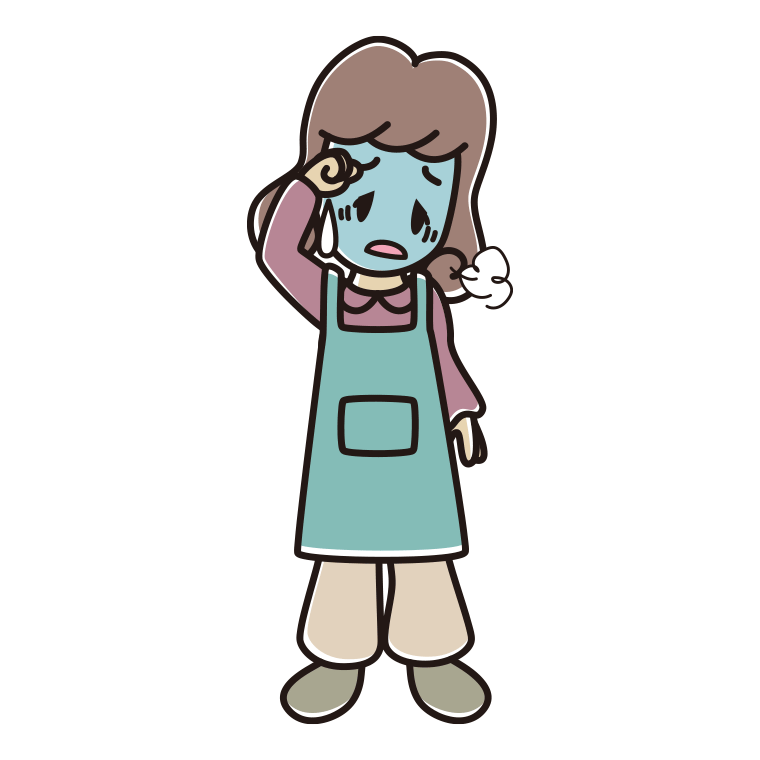 具合が悪いエプロン姿の女子大学生のイラスト【色あり、背景なし】透過PNG