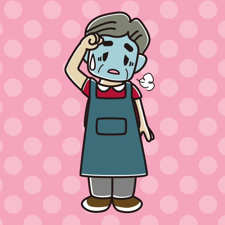 具合が悪いエプロン姿のおじさんのイラスト【色、背景あり】PNG