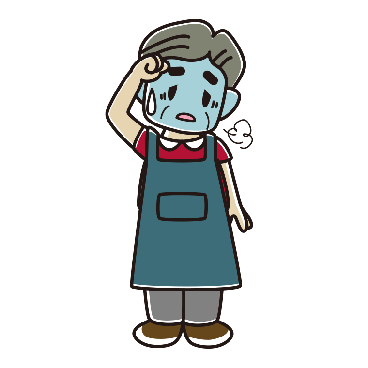 具合が悪いエプロン姿のおじさんのイラスト【色あり、背景なし】透過PNG