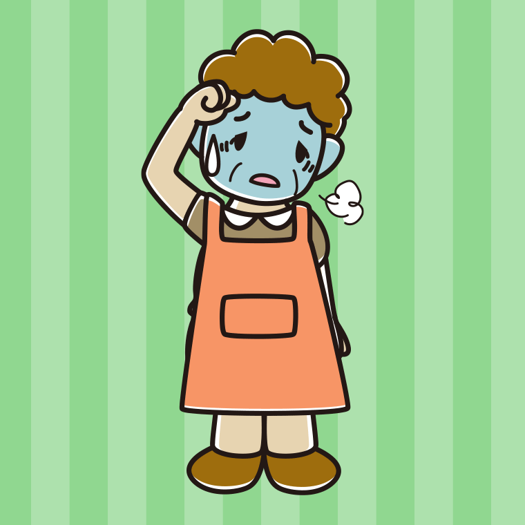 具合が悪いエプロン姿のおばさんのイラスト【色、背景あり】PNG