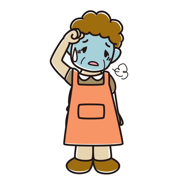 具合が悪いエプロン姿のおばさんのイラスト【色あり、背景なし】透過PNG