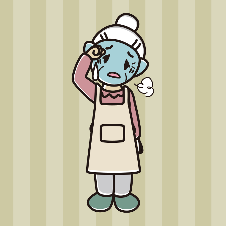 具合が悪いエプロン姿のおばあさんのイラスト【色、背景あり】PNG