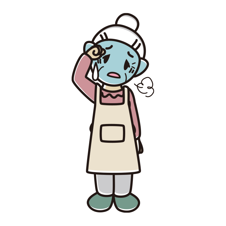 具合が悪いエプロン姿のおばあさんのイラスト【色あり、背景なし】透過PNG