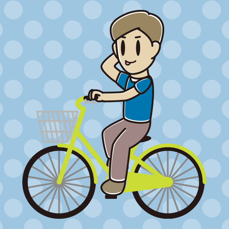 自転車に乗ってテヘヘな男性のイラスト【色、背景あり】PNG