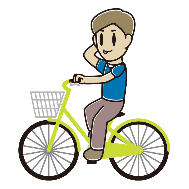 自転車に乗ってテヘヘな男性のイラスト【色あり、背景なし】透過PNG