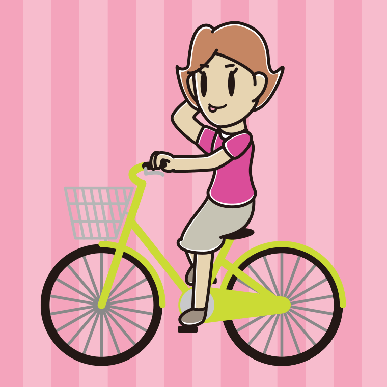 自転車に乗ってテヘヘな女性のイラスト【色、背景あり】PNG