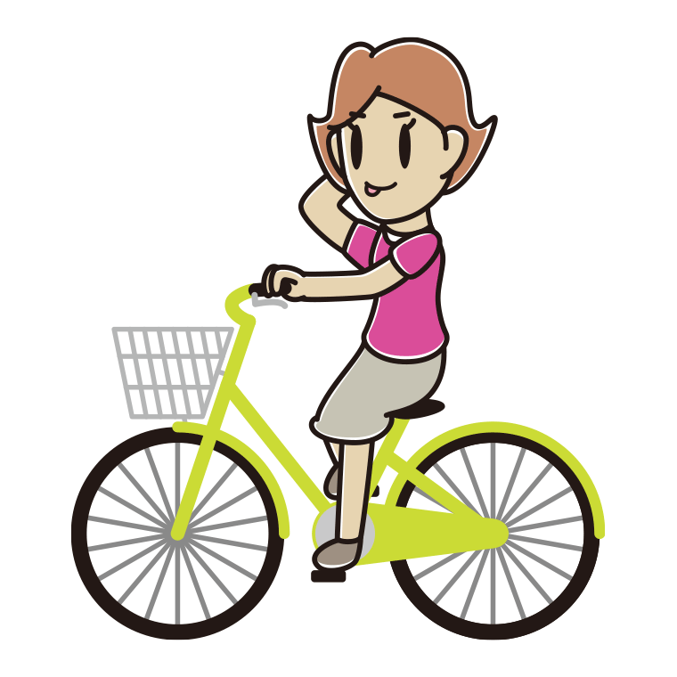 自転車に乗ってテヘヘな女性のイラスト【色あり、背景なし】透過PNG