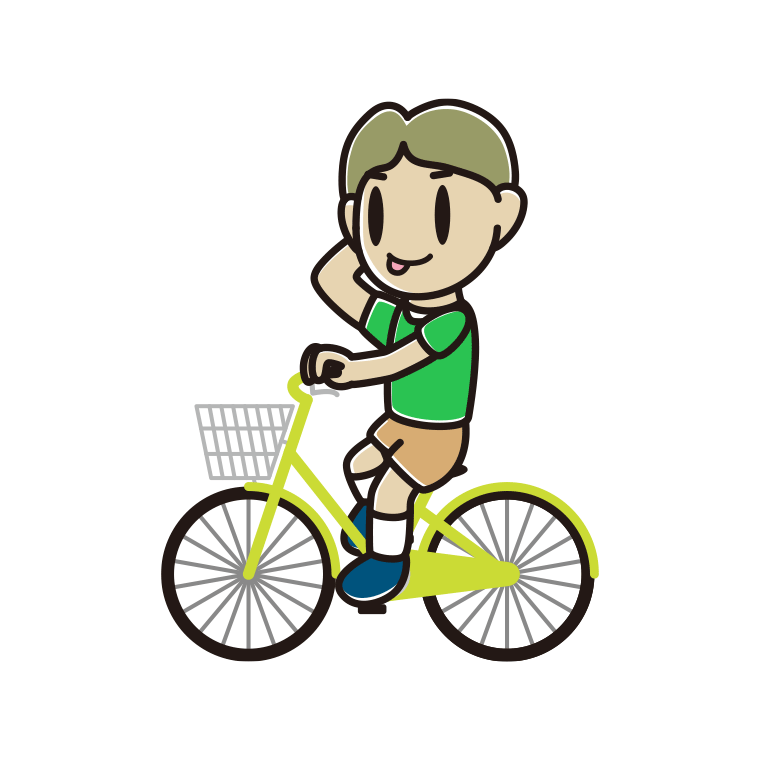 自転車に乗ってテヘヘな小学生男子のイラスト【色あり、背景なし】透過PNG
