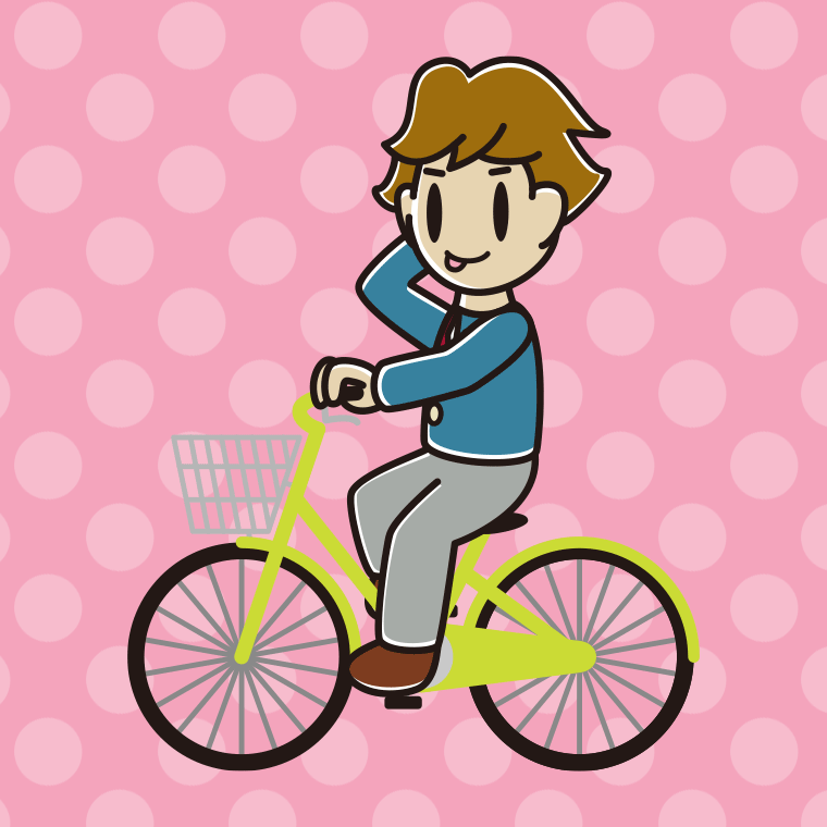 自転車に乗ってテヘヘな男子高校生のイラスト【色、背景あり】PNG