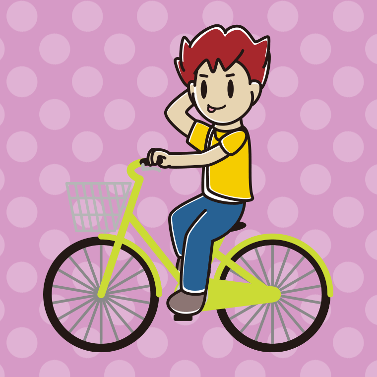 自転車に乗ってテヘヘな男子大学生のイラスト【色、背景あり】PNG