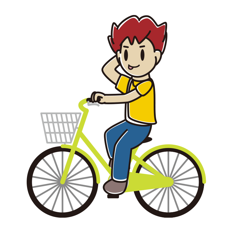自転車に乗ってテヘヘな男子大学生のイラスト【色あり、背景なし】透過PNG