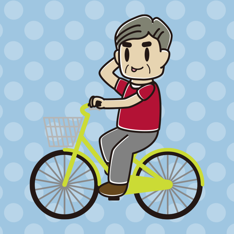 自転車に乗ってテヘヘなおじさんのイラスト【色、背景あり】PNG