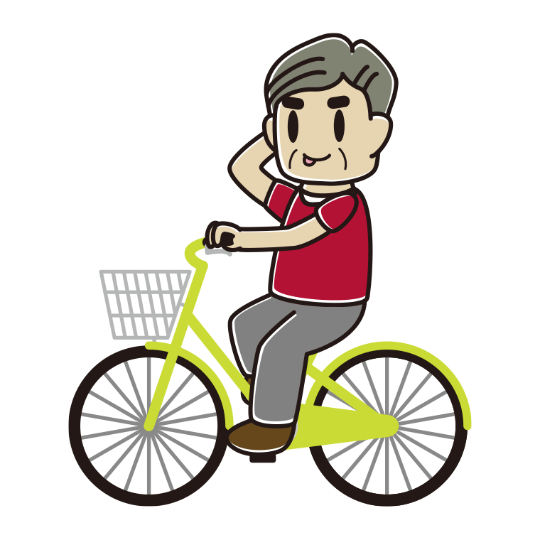 自転車に乗ってテヘヘなおじさんのイラスト【色あり、背景なし】透過PNG